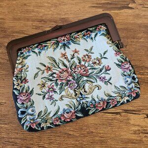 Vintage Interpur Floral Tapestry Small Handbag Purse Clutch Coin Black Flowers